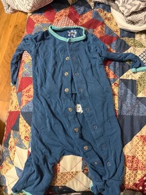 Kickee Pants Blue Footed One-Piece with Mint Trim